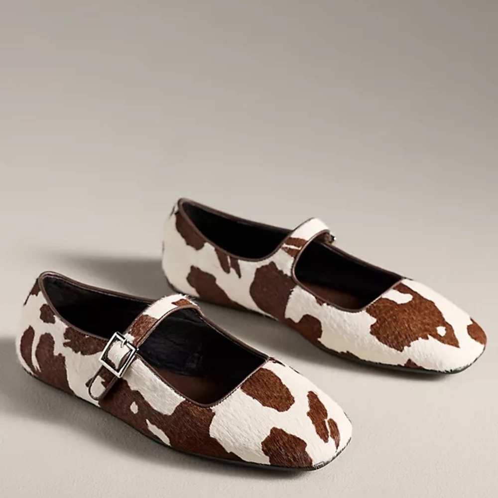 New Jeffrey Campbell x Anthropologie Elise Cow Print Pony Hair Mary Jane Flats